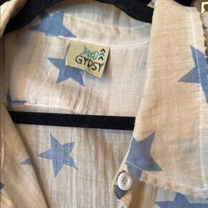 Jaded Gypsy Star Print Button-Up Shirt in Light Blue on Cream. Very rare